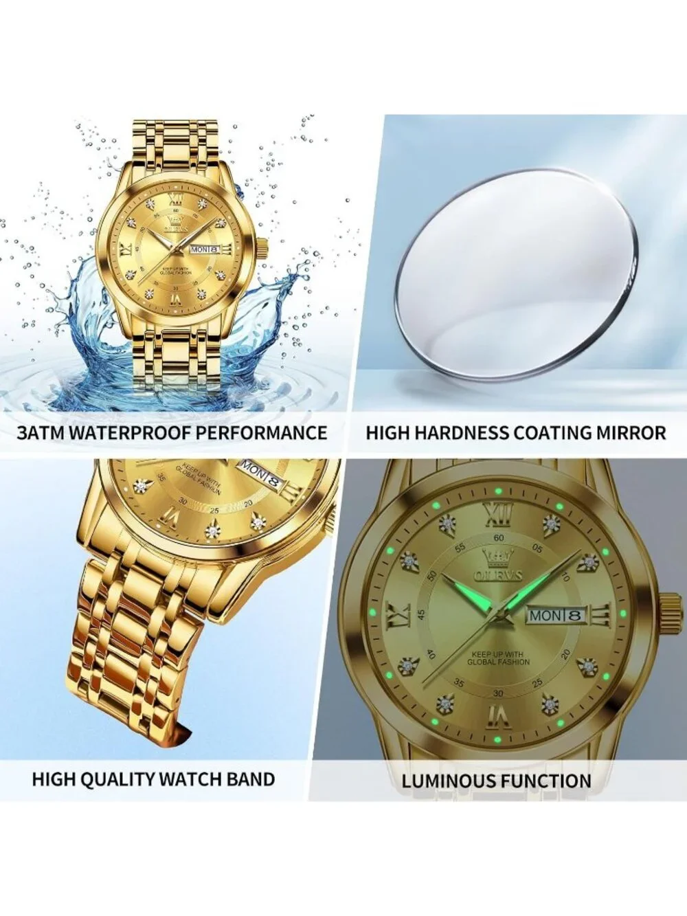 Men's All Gold Diamond Stainless Steel Waterproof Roman Numbers Classic Watch